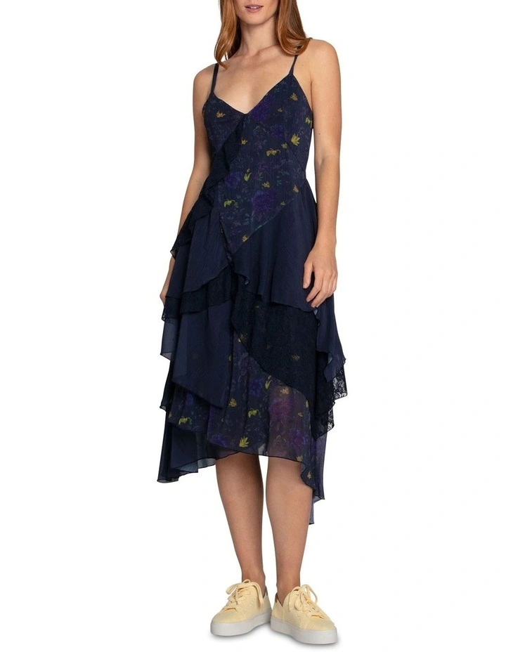 Charmed Floral Print Ruffle Midi Dress in Navy image 4