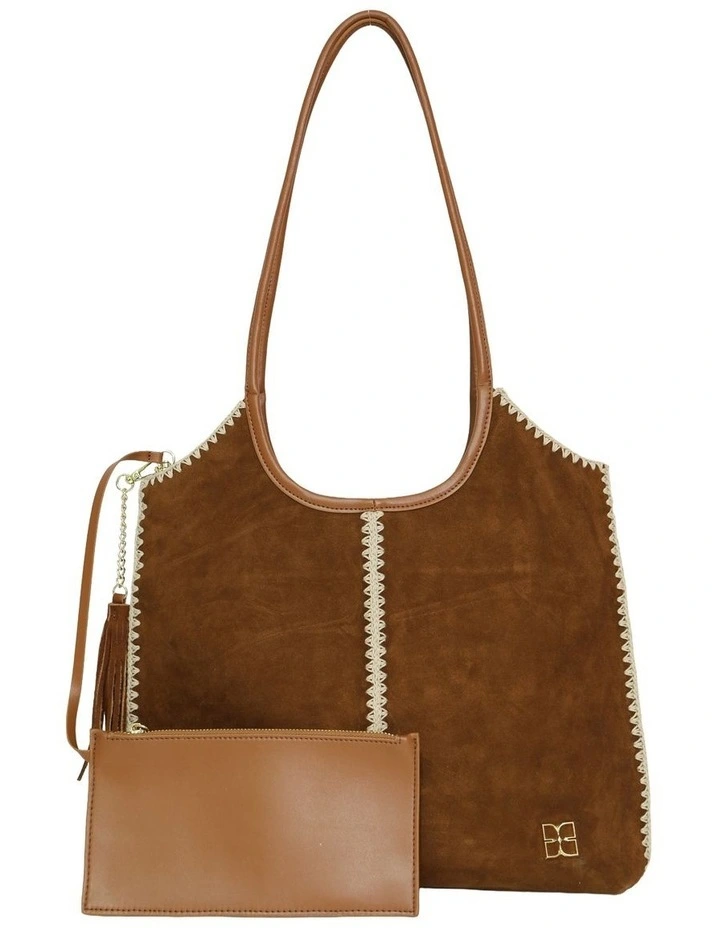 Back To Friends Suede Shopper in Tan image 2