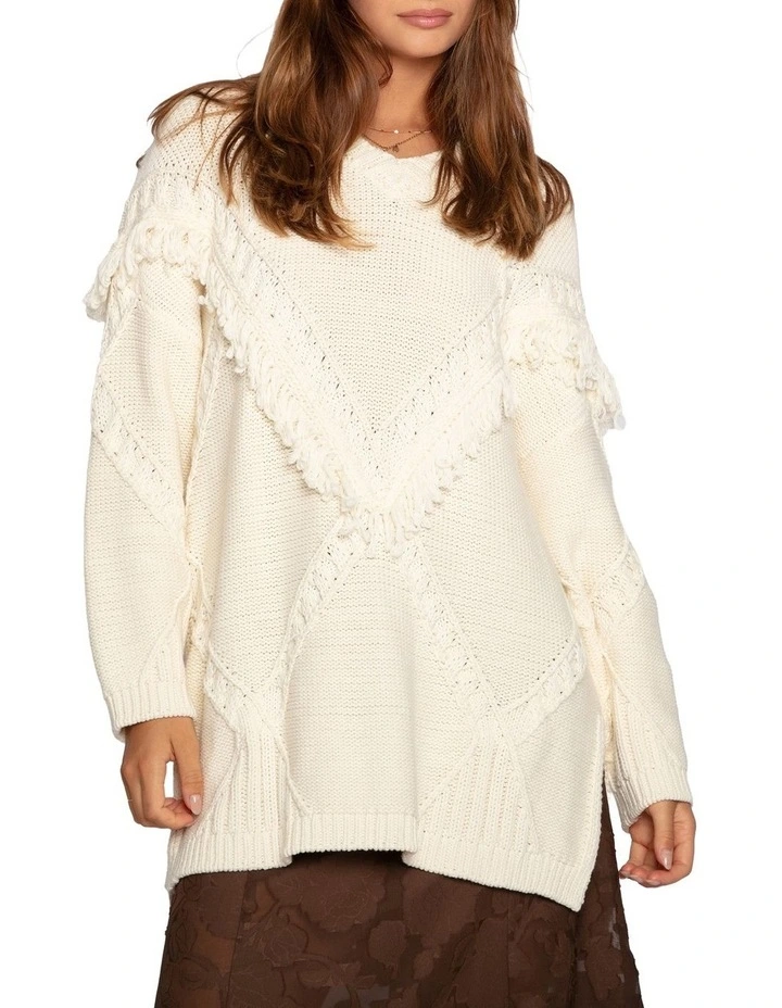 Tassel Line Fringe Oversized Sweater in Cream image 1