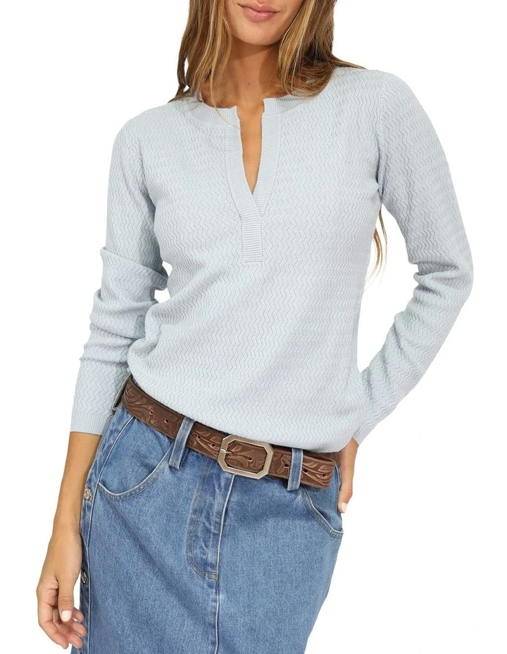 Frankie Textured Kniteed Polo Long Sleeve Top in Denim Blue image 1