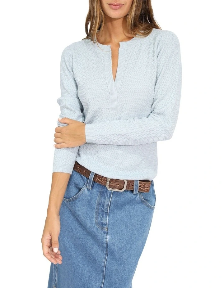 Frankie Textured Kniteed Polo Long Sleeve Top in Denim Blue image 2