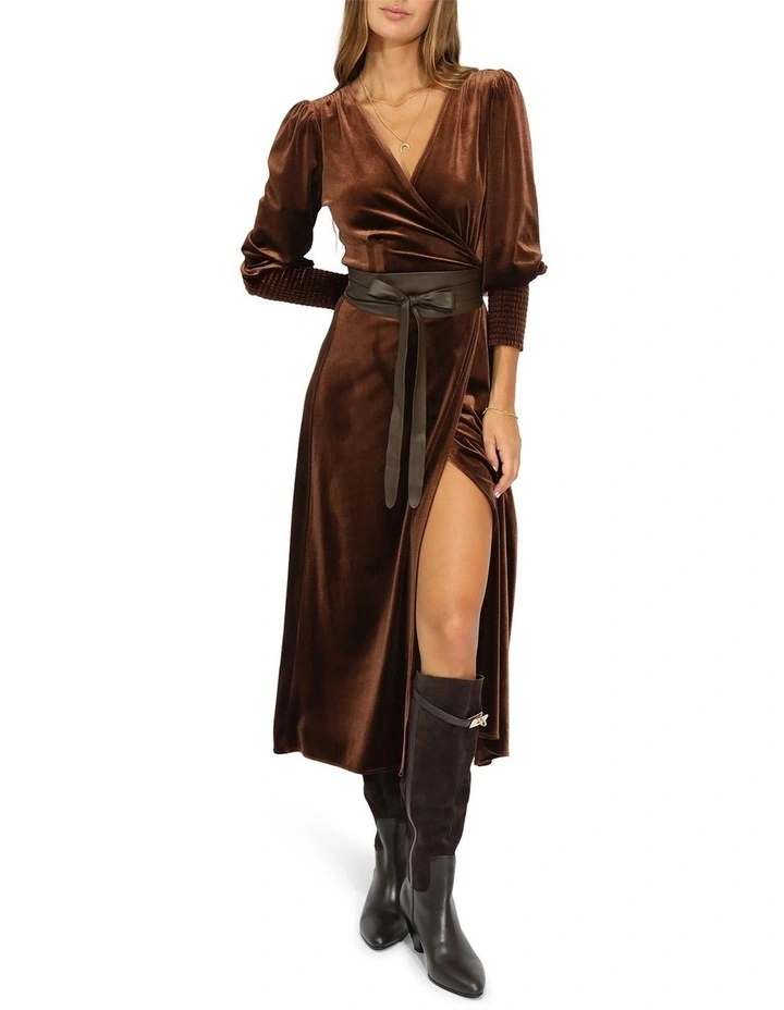 Current Mood Velvet Wrap Dress in Chocolate image 2