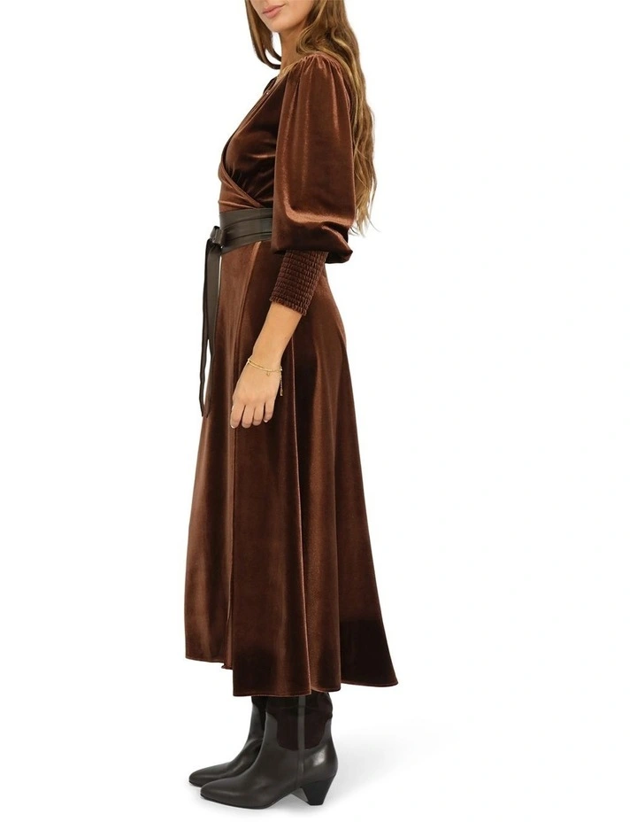Current Mood Velvet Wrap Dress in Chocolate image 3