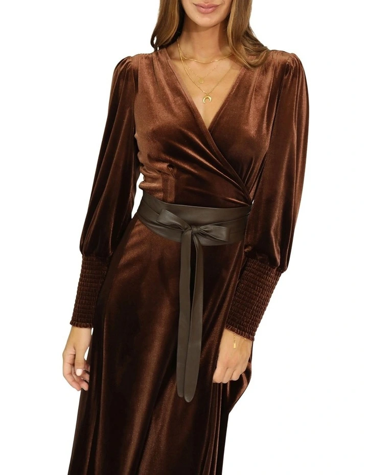 Current Mood Velvet Wrap Dress in Chocolate image 7