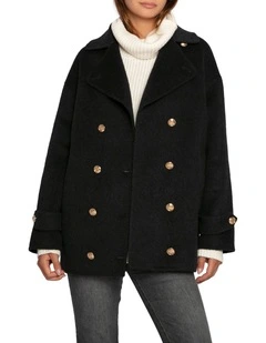 Right and Forward Double Breasted Wool Blend Pea Coat in Charcoal