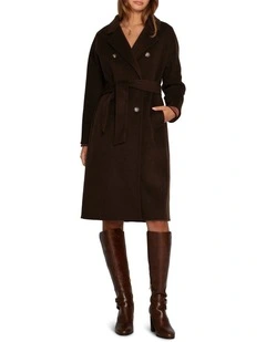 Boss Double Breasted Lined Wool Coat in Chocolate