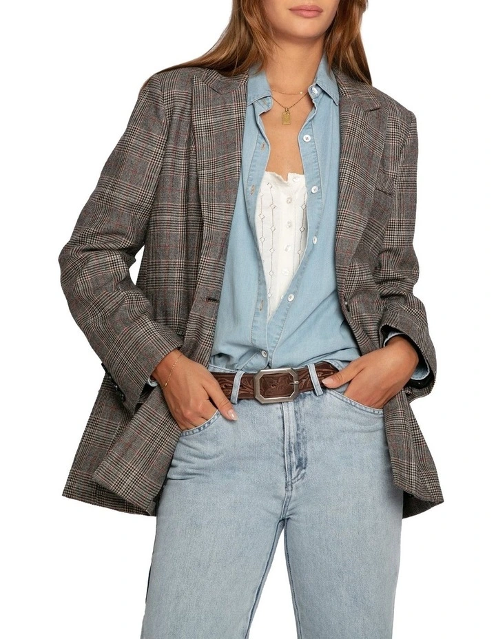 Paris Grid Check Single Breasted Blazer in Brown Mult image 2