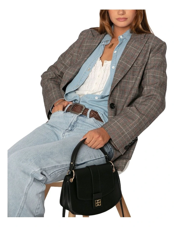 Paris Grid Check Single Breasted Blazer in Brown Mult image 7