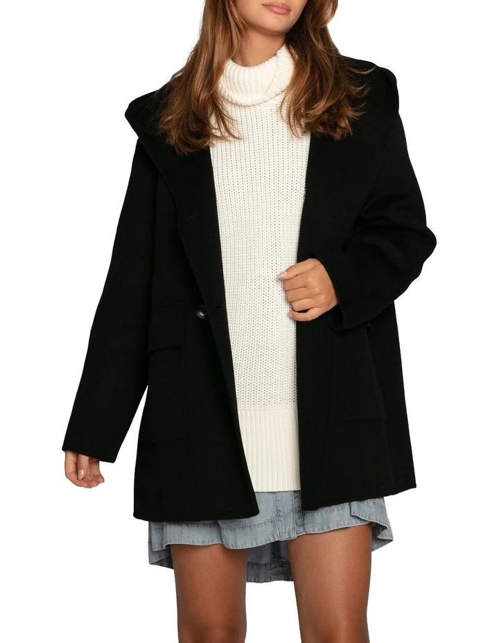 Coastal Edit Hooded Wool Blend Coat in Black image 2