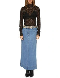 Edge Line Denim Maxi Skirt with Side Buttons in Mid Denim Wash