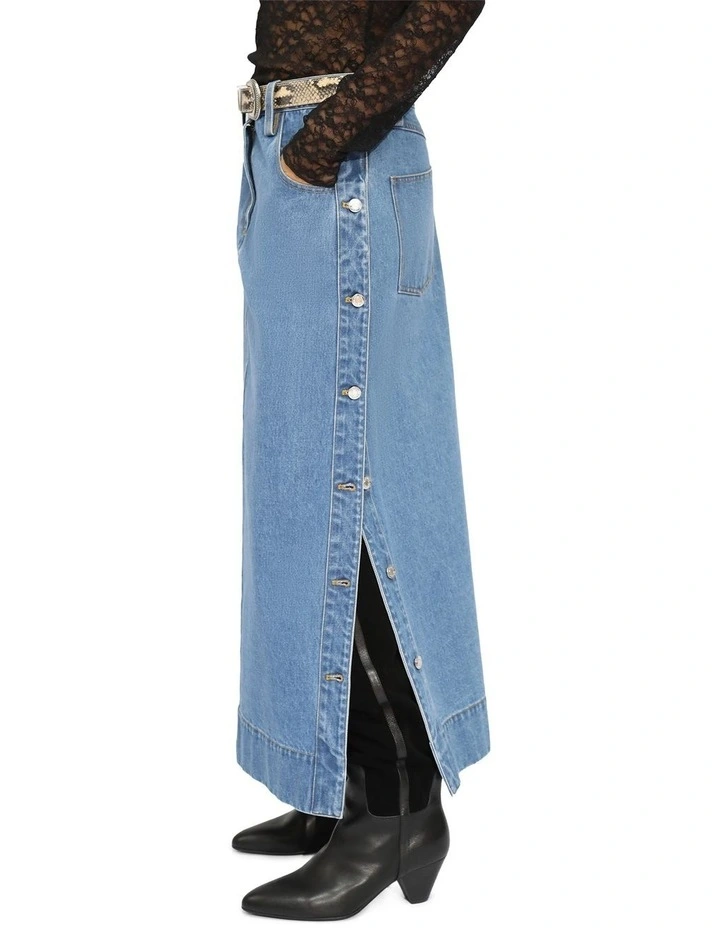 Edge Line Denim Maxi Skirt with Side Buttons in Mid Denim Wash image 3