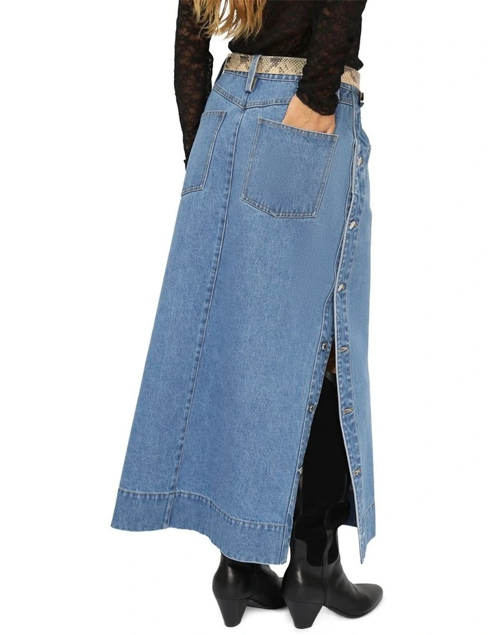 Edge Line Denim Maxi Skirt with Side Buttons in Mid Denim Wash image 4