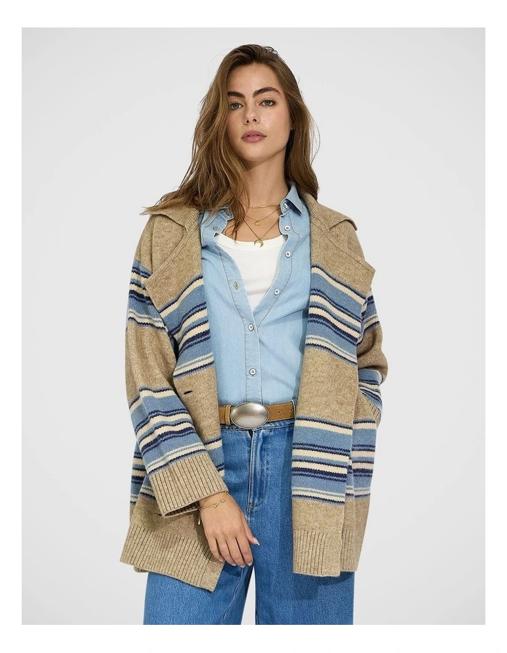 So Many Likes Oversized Knitted Cardi Coat in Grey and Blue Stripe image 2