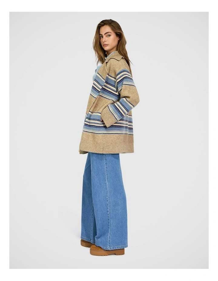 So Many Likes Oversized Knitted Cardi Coat in Grey and Blue Stripe image 3