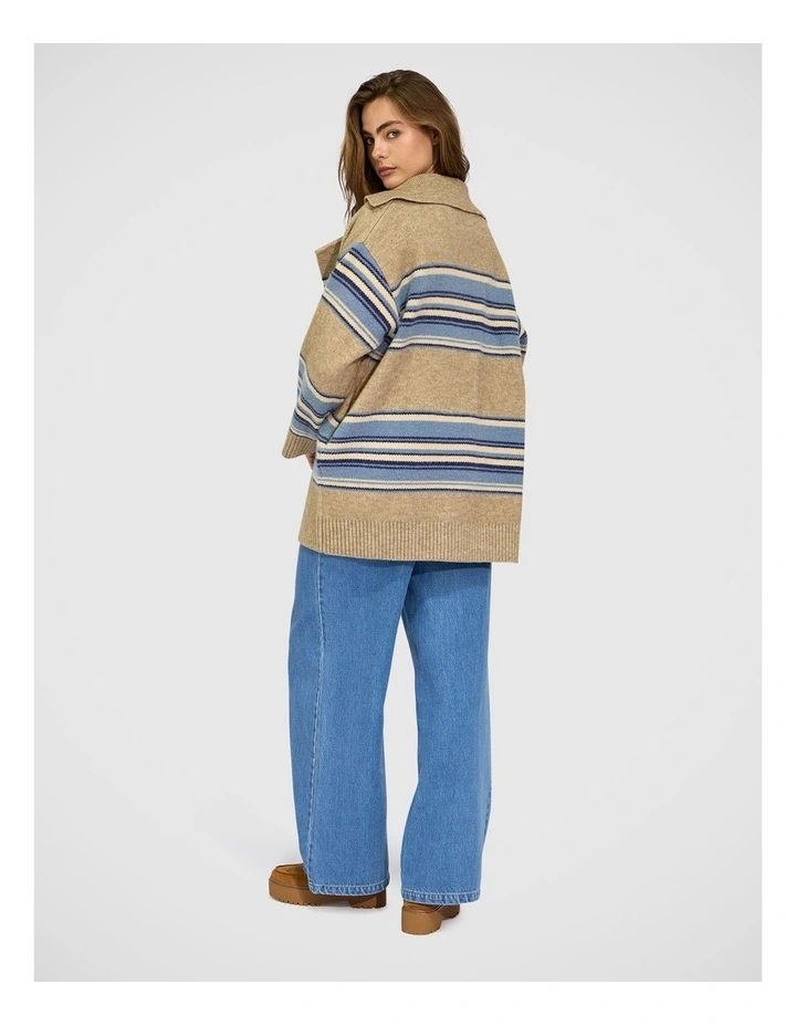 So Many Likes Oversized Knitted Cardi Coat in Grey and Blue Stripe image 4