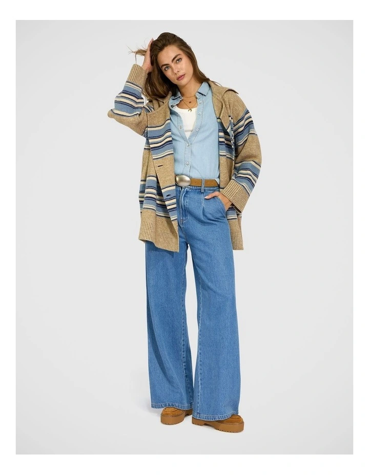 So Many Likes Oversized Knitted Cardi Coat in Grey and Blue Stripe image 6