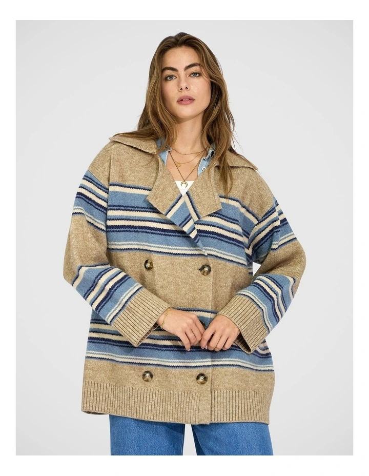 So Many Likes Oversized Knitted Cardi Coat in Grey and Blue Stripe image 7