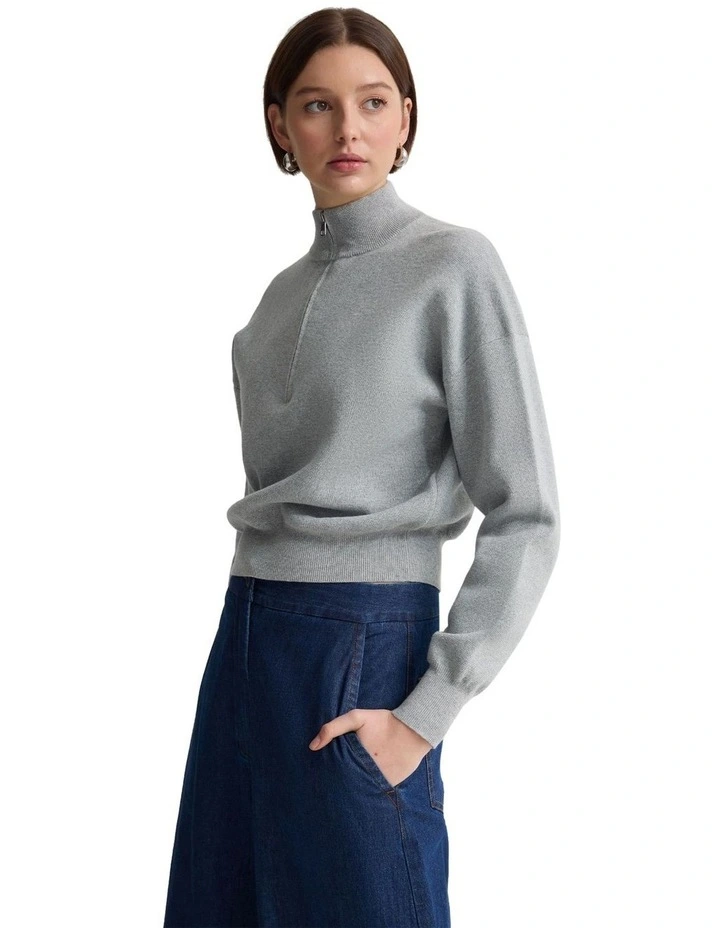 Victoria Crop Zip Neck Knit Jumper in Silver image 3