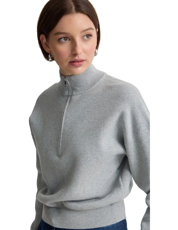 Victoria Crop Zip Neck Knit Jumper in Silver image 4