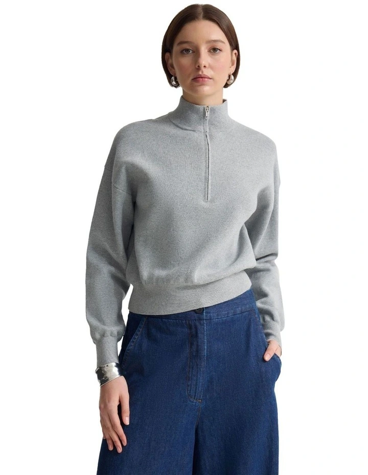 Victoria Crop Zip Neck Knit Jumper in Silver image 5