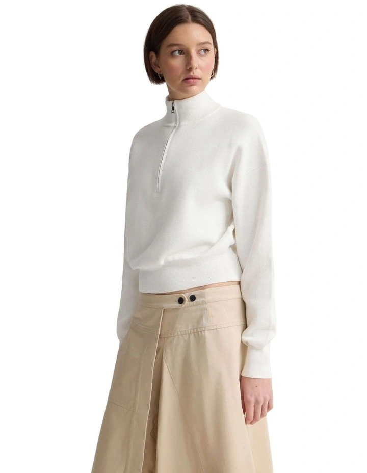 Victoria Crop Zip Neck Knit Jumper in Ivory image 3