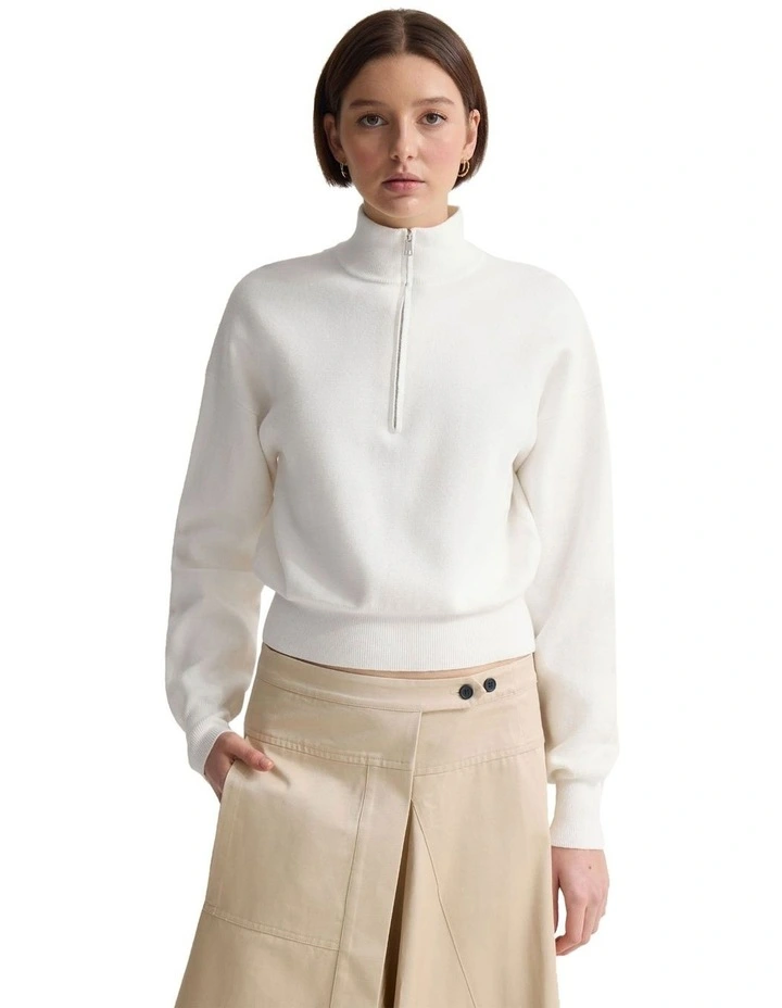 Victoria Crop Zip Neck Knit Jumper in Ivory image 5