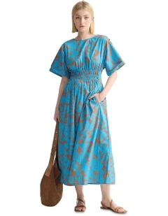 Blaire Printed Cotton Dress in Blue/Mocha