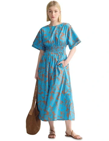 Blaire Printed Cotton Dress in Blue/Mocha
