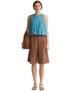 Clover Printed Cotton Shell Top in Blue/Mocha