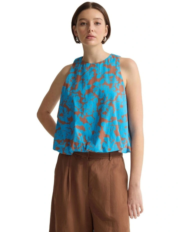 Clover Printed Cotton Shell Top in Blue/Mocha image 4