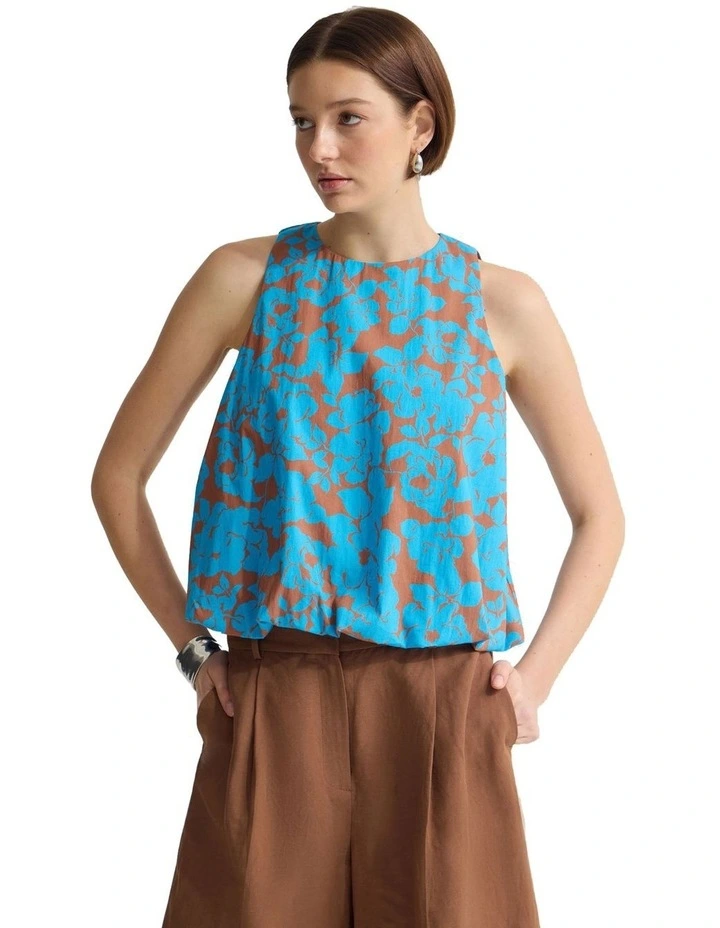 Clover Printed Cotton Shell Top in Blue/Mocha image 5