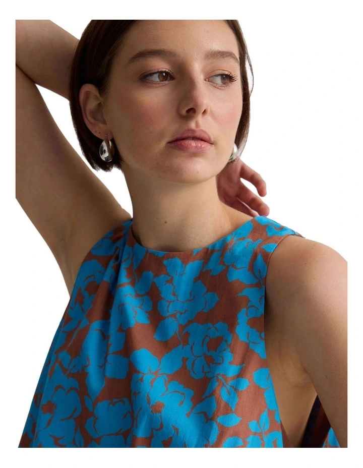 Clover Printed Cotton Shell Top in Blue/Mocha image 7