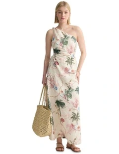 Maja One Shoulder Linen Dress in Cream Multi