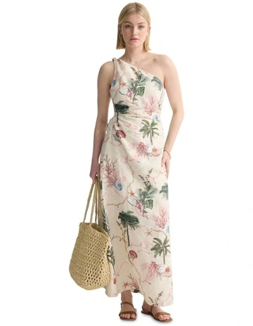 Maja One Shoulder Linen Dress in Cream Multi