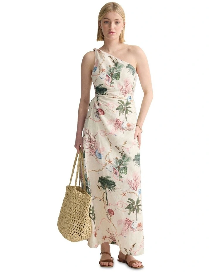 Maja One Shoulder Linen Dress in Cream Multi image 1