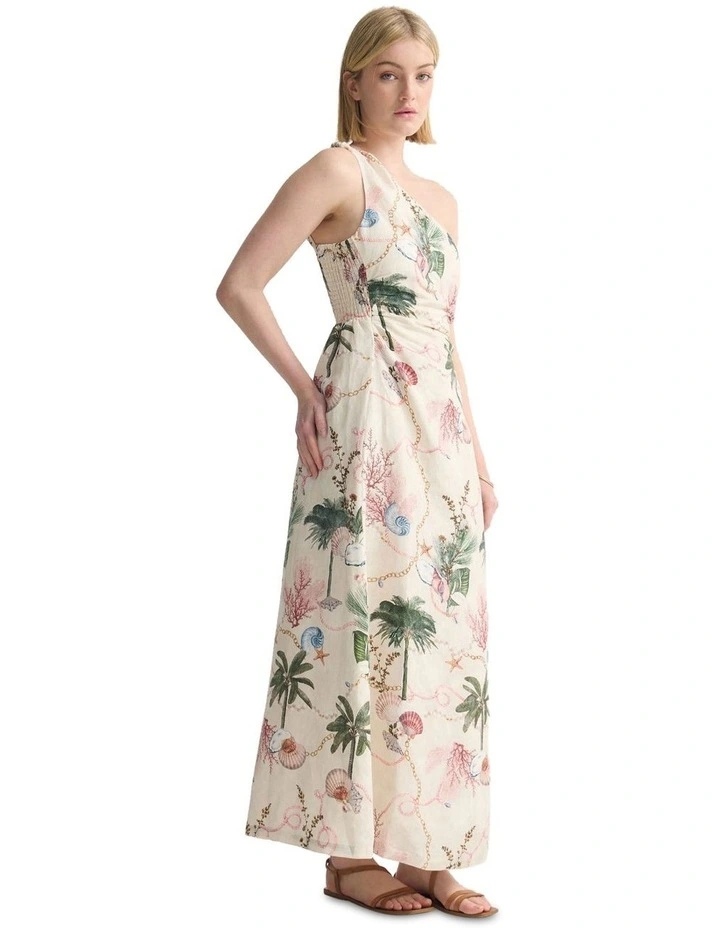 Maja One Shoulder Linen Dress in Cream Multi image 3