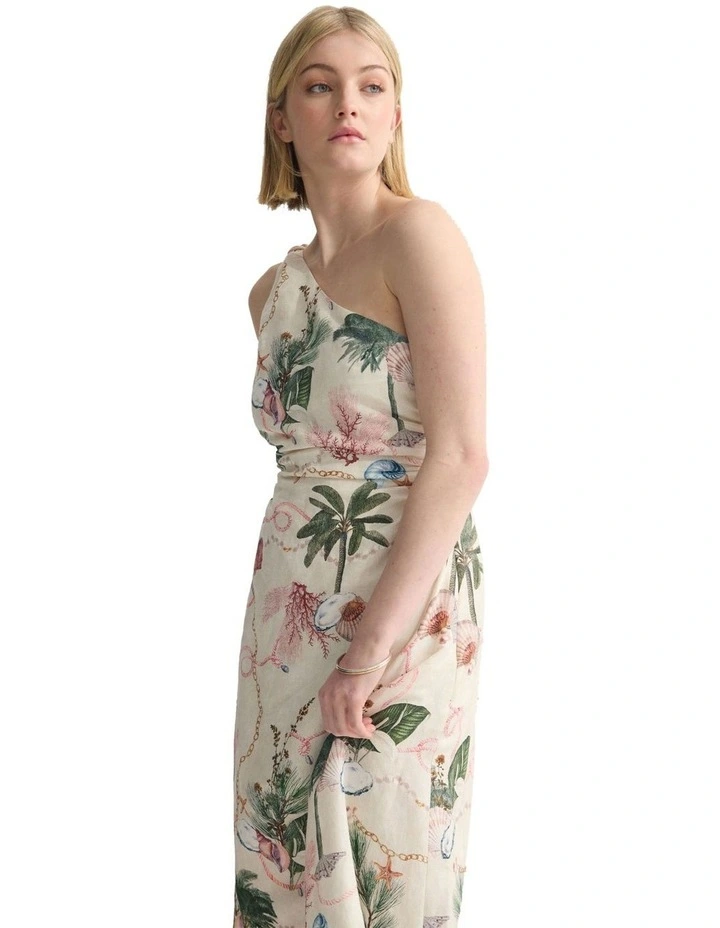 Maja One Shoulder Linen Dress in Cream Multi image 4