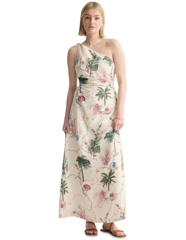Maja One Shoulder Linen Dress in Cream Multi image 5