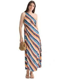 Capri Striped One Shoulder Dress in Navy Multi