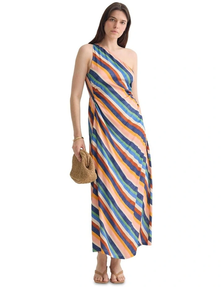 Capri Striped One Shoulder Dress in Navy Multi image 1