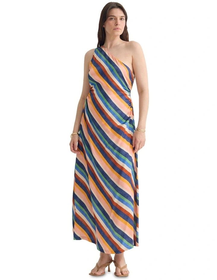 Capri Striped One Shoulder Dress in Navy Multi image 5