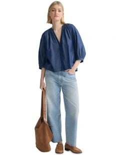 Freya Button Up Top in Denim Blue
