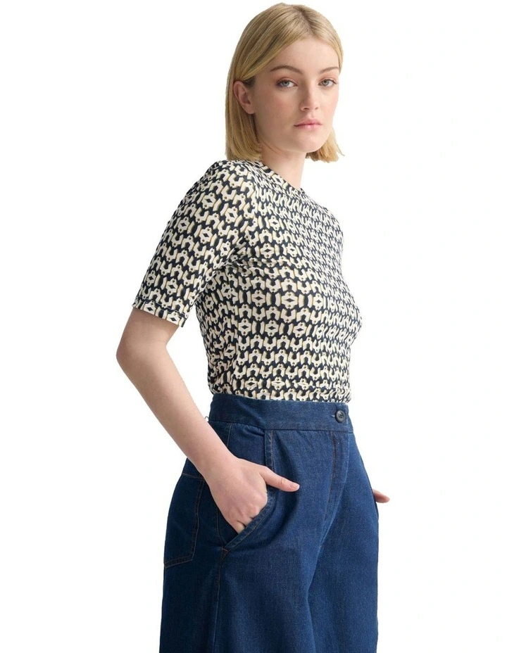 Imogen Printed Jersey Top in Navy image 3