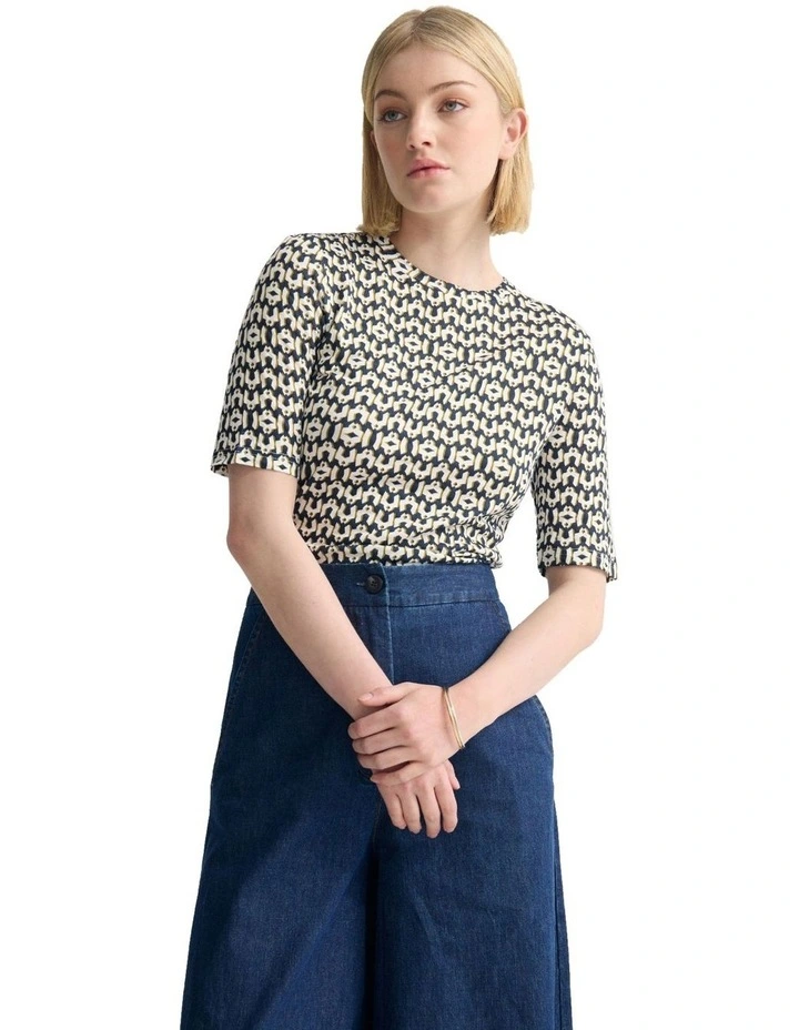 Imogen Printed Jersey Top in Navy image 5