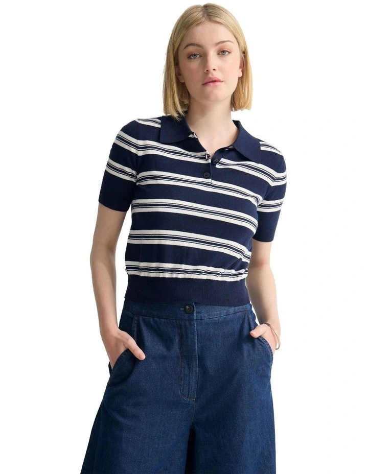 Camille Knitted Polo Striped in Navy image 5