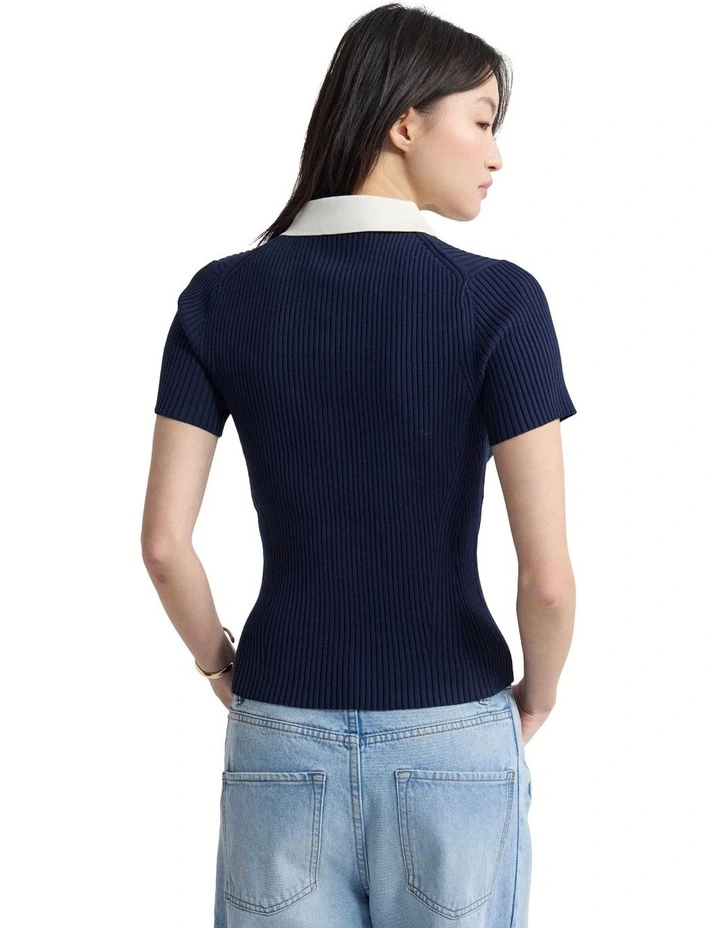 Monique Rib Polo Knit in Navy/Ecru image 2