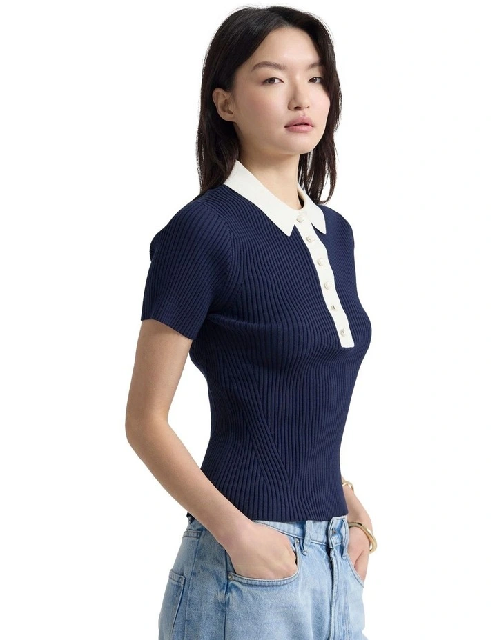 Monique Rib Polo Knit in Navy/Ecru image 3