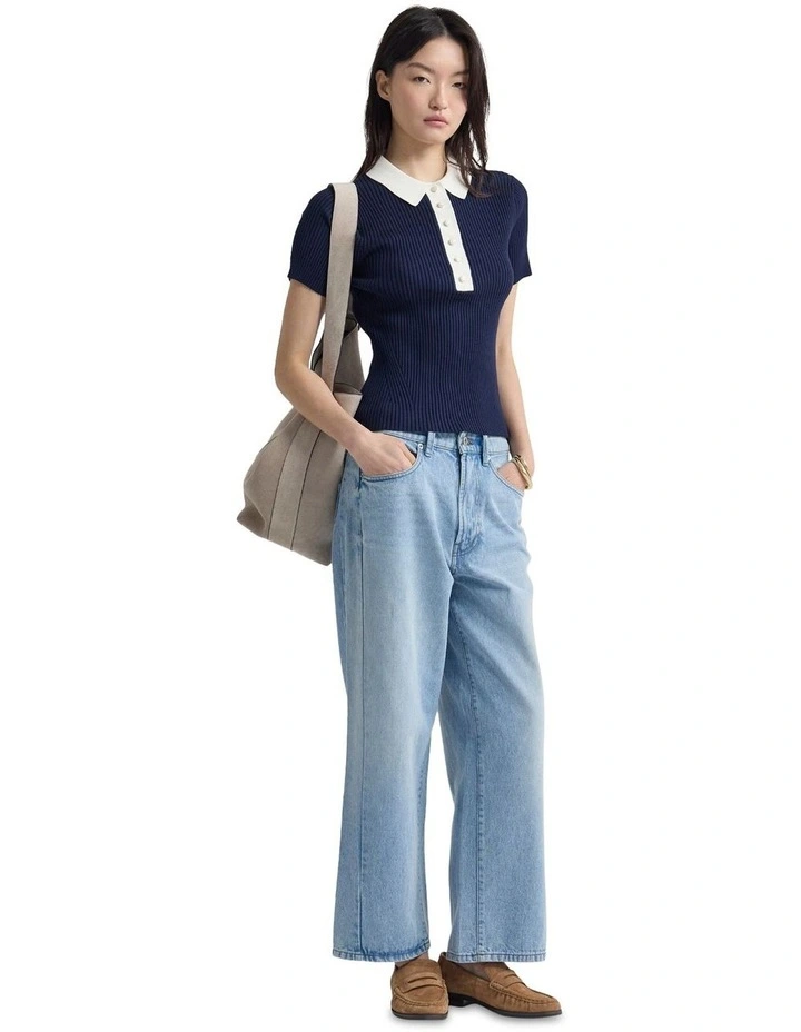 Monique Rib Polo Knit in Navy/Ecru image 4