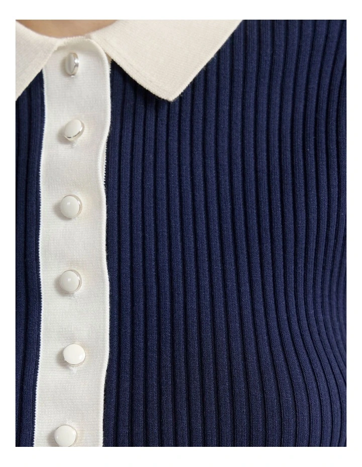 Monique Rib Polo Knit in Navy/Ecru image 5