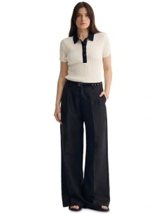 Monique Rib Polo Knit Top in Ecru/Black